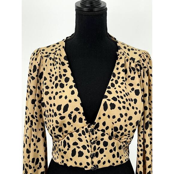Windsor Cheetah Animal Print Crop Top Blouse S Puff Sleeve Elastic Wrist - Picture 6 of 12